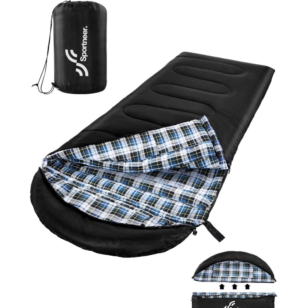 image:imageSportneer Sleeping Bags for Adults 0 Degree Sleeping Bag XL Flannel Winter Cold Weather Sleeping Bag with Detachable Hood Compression Sack for Camping Backpacking HikingBlack