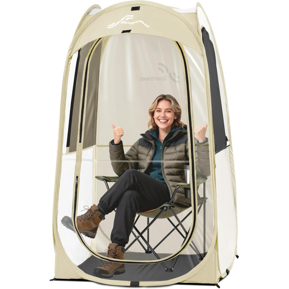 image:imageSportneer XL Pop Up Sports Tent 46 L x 46 W x 635 H Clear TPU Outdoor Shelter for 1 Adult amp 1 Child AllWeather Warm Bubble Pod with Instant Setup Wind amp Rain Protection for SpectatorsBeige
