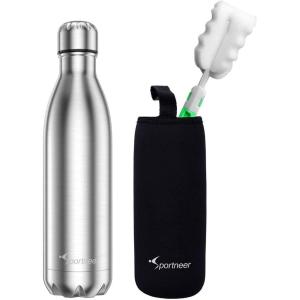 Flask Water Bottles: Sportneer 17oz Insulated Stainless Steel Water Bottle Reusable Double Walled Metal Bottle Cola Shape Thermos Leak-Proof 24 Hours Cold 12 Hours Hot for Travel Hiking, 500ml Silver