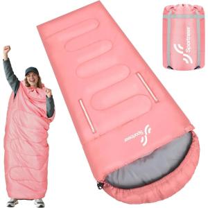 Sportneer 0 Degree Wearable Sleeping Bag for Adults & Kids – Walkable with Arm Zippers, Waterproof & Warm, Compact for Camping, Stadiums, Travel, Backpacking & Car Use(Pink)