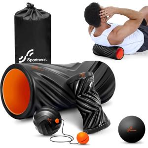 Sportneer 4 in 1 Foam Roller Set: Dual Textures Foam & Foot Roller, Stringed Lacrosse Ball, Muscle Set for Whole Body Release(Black)