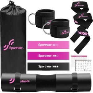Sportneer Barbell Pad Set: 10 Pcs Squat Pad for Hip Thrusts, Lunges, Leg Day, Standard Olympic Bars with 2 Ankle Straps, 2 Lifting Straps, 3 Resistance Bands, Barbell Pad, Workout Poster and Carry Bag