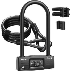 Sportneer Bike Lock: 14mm Keyless Combination Bike Lock with 5ft Security Steel Cable – Heavy Duty Anti Theft Shackle Bicycle U-Locks with Mounting Bracket for Road, Mountain, Electric & Folding Bike