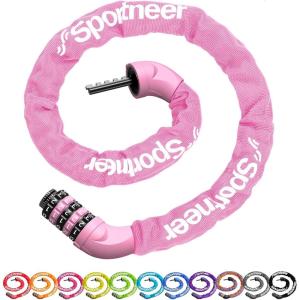 Sportneer Bike Lock: 5 Digit Combination High Security Anti Theft Bike Chain Lock – 3.2/3.6/4ft Heavy Duty Keyless Bicycle Lock for Bike, Motorcycle, Scooter, Door & Gate – 4/6mm Thick, Easy to Use(Pink-Pink Code Wheel)