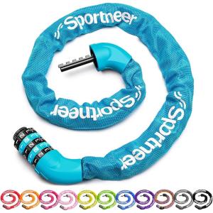 Sportneer Bike Lock: 5 Digit Combination High Security Anti Theft Bike Chain Lock – 3.2/3.6/4ft Heavy Duty Keyless Bicycle Lock for Bike, Motorcycle, Scooter, Door & Gate – 4/6mm Thick, Easy to Use(Sky Blue)
