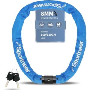 Sportneer Bike Lock: 8mm Thick High Security Anti Theft Bike Chain Lock with 2 Keys- 3.2/4ft Long Heavy Duty Anti-Cut Bicycle Lock for Bike, Motorcycle, Bicycle, Door, Gate, Fence, Grill(Blue)