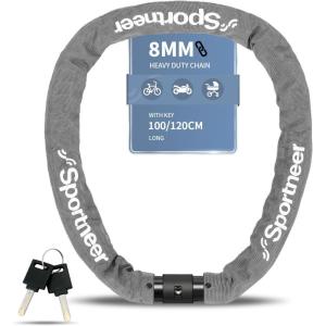 Sportneer Bike Lock: 8mm Thick High Security Anti Theft Bike Chain Lock with 2 Keys- 3.2/4ft Long Heavy Duty Anti-Cut Bicycle Lock for Bike, Motorcycle, Bicycle, Door, Gate, Fence, Grill(Gray)