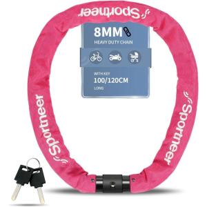 Sportneer Bike Lock: 8mm Thick High Security Anti Theft Bike Chain Lock with 2 Keys- 3.2/4ft Long Heavy Duty Anti-Cut Bicycle Lock for Bike, Motorcycle, Bicycle, Door, Gate, Fence, Grill(Rose Red)