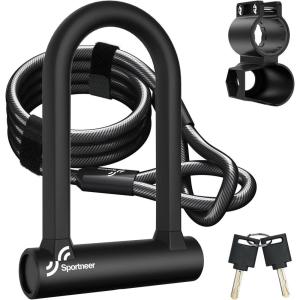 Sportneer Bike Lock: Heavy Duty Anti Theft Bike U Lock with 5ft Security Steel Cable – 17mm Shackle Bicycle U-Locks with Keys & Sturdy Mounting Bracket for Road, Mountain, Electric & Folding Bike(Black)