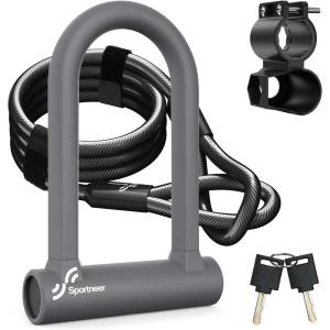 Sportneer Bike Lock: Heavy Duty Anti Theft Bike U Lock with 5ft Security Steel Cable – 17mm Shackle Bicycle U-Locks with Keys & Sturdy Mounting Bracket for Road, Mountain, Electric & Folding Bike(Gray)