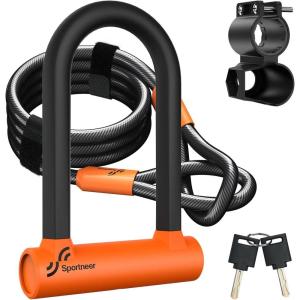 Sportneer Bike Lock: Heavy Duty Anti Theft Bike U Lock with 5ft Security Steel Cable – 17mm Shackle Bicycle U-Locks with Keys & Sturdy Mounting Bracket for Road, Mountain, Electric & Folding Bike(Black and Orange)