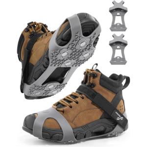Sportneer Crampons： Ice Cleats for Shoes and Boots with 28 Spikes – Traction Slip-on Stretch Footwear for Walking and Shoveling on Ice and Snow – Lightweight for Women and Men(Grey)