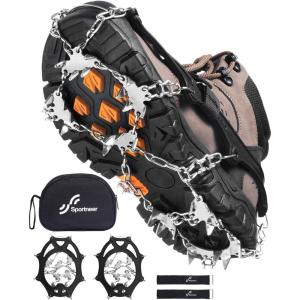 Sportneer Crampons： Ice Cleats for Shoes and Boots with 28 Spikes – Traction Slip-on Stretch Footwear for Walking and Shoveling on Ice and Snow(Black)
