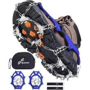 Sportneer Crampons： Ice Cleats for Shoes and Boots with 28 Spikes – Traction Slip-on Stretch Footwear for Walking and Shoveling on Ice and Snow(Blue)