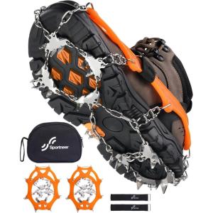 Sportneer Crampons： Ice Cleats for Shoes and Boots with 28 Spikes – Traction Slip-on Stretch Footwear for Walking and Shoveling on Ice and Snow(Orange)