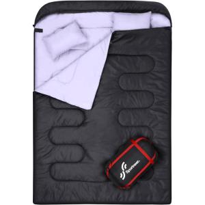 Sportneer Double Sleeping Bag: Queen Size 2 Person All Season for Warm & Cold Weather Camping Sleeping Bag with 2 Pillows, Waterproof Lightweight Large Size 86.6” x 59”(Black)