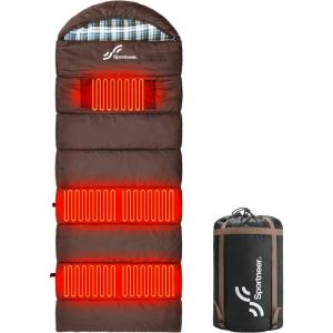 Sportneer Heated Sleeping Bag with 5 Heating Zones, Warm Flannel Cold Weather Sleeping Bag for Adults, 3 Heat Levels USB Powered (Power Bank Not Included), Winter Camping & Outdoor Hiking(Brown)
