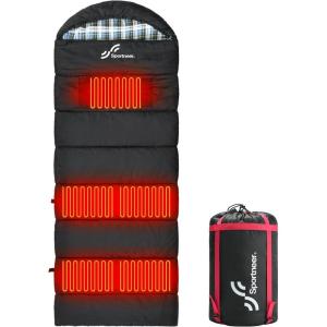 Sportneer Heated Sleeping Bag with 5 Heating Zones, Warm Flannel Cold Weather Sleeping Bag for Adults, 3 Heat Levels USB Powered (Power Bank Not Included), Winter Camping & Outdoor Hiking(Black)