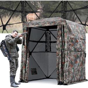 Sportneer Hunting Blind 270 Degree See Through Ground Blind with Silent Sliding Door & Windows for Deer Hunting, 2-3 Person Pop Up Ground Blind for Turkey and Deer with Carrying Bag
