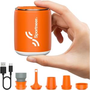 Sportneer Mini Air Pump: 1600mAh Rechargeable Air Pump for Inflatables with Hook, Magnetic and Light Function, Air Mattress Pump for Pool Floats, Sleeping Pads, Swimming Ring, Vacuum Storage Bags(Orange)