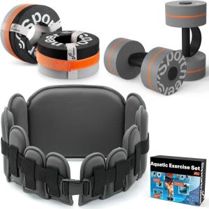 Sportneer Water Aerobics Pool Exercise Equipment Water Workout Combo Set Includes High Density Water Dumbbell Aqua Belt Water Ankle Weights for Aquatic Therapy Pool Fitness Water Exercise(Dark Gray)