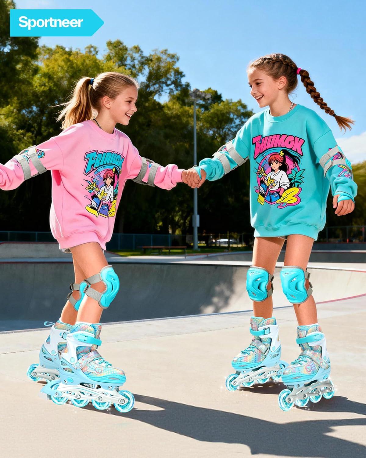 image:imageSportneer 4 Size Adjustable Inline Skates for Girls Kids Inline Skates Size 12C9 with Light Up Wheels Roller Blade with Protective Gear Set for Kids Girls Women Beginners Indoor amp Outdoor UseBlue