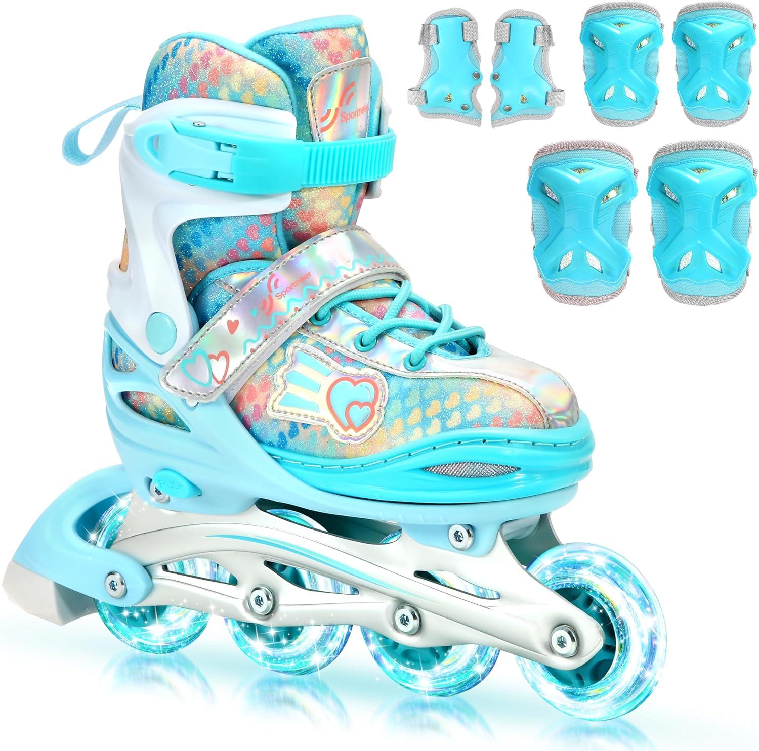image:imageSportneer 4 Size Adjustable Inline Skates for Girls Kids Inline Skates Size 12C9 with Light Up Wheels Roller Blade with Protective Gear Set for Kids Girls Women Beginners Indoor amp Outdoor UseBlue
