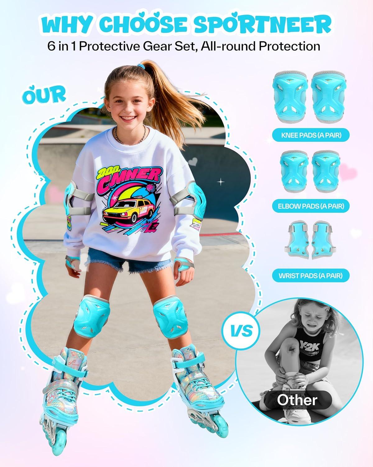 image:imageSportneer 4 Size Adjustable Inline Skates for Girls Kids Inline Skates Size 12C9 with Light Up Wheels Roller Blade with Protective Gear Set for Kids Girls Women Beginners Indoor amp Outdoor UseBlue