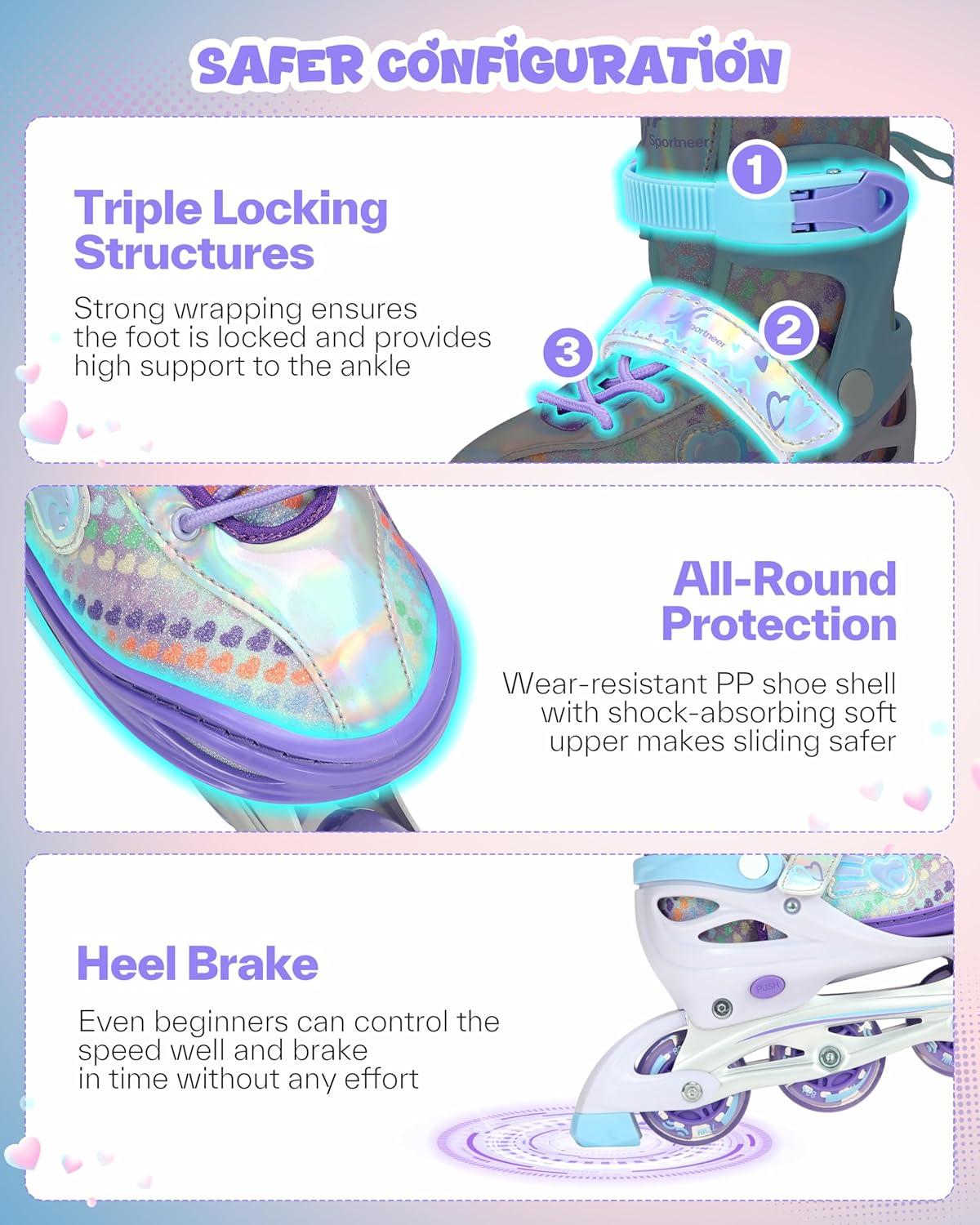 image:imageSportneer 4 Size Adjustable Inline Skates for Girls Kids Inline Skates Size 12C9 with Light Up Wheels Roller Blade with Protective Gear Set for Kids Girls Women Beginners Indoor amp Outdoor UsePurple