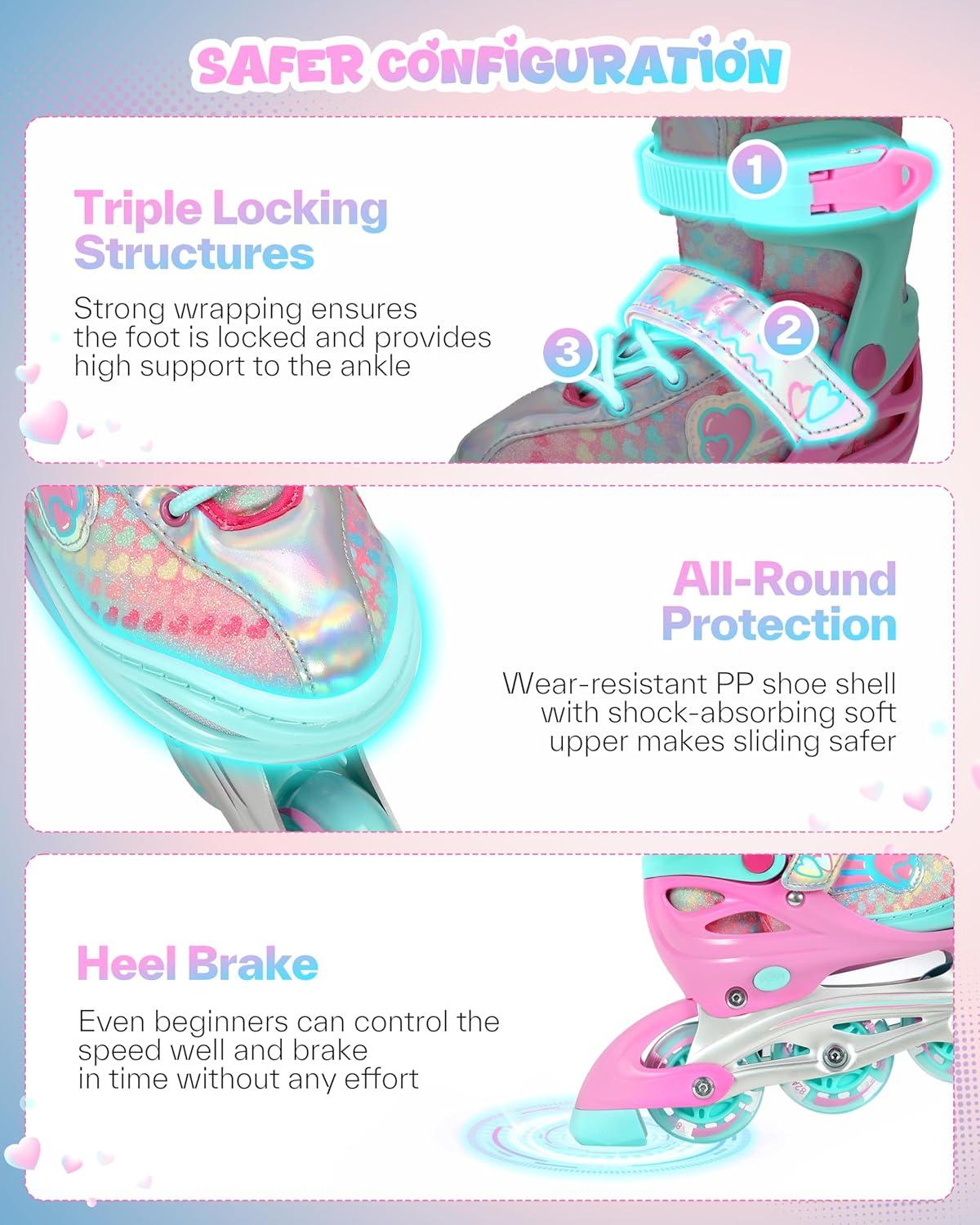 image:imageSportneer 4 Size Adjustable Inline Skates for Girls Kids Inline Skates Size 12C9 with Light Up Wheels Roller Blade with Protective Gear Set for Kids Girls Women Beginners Indoor amp Outdoor UsePink
