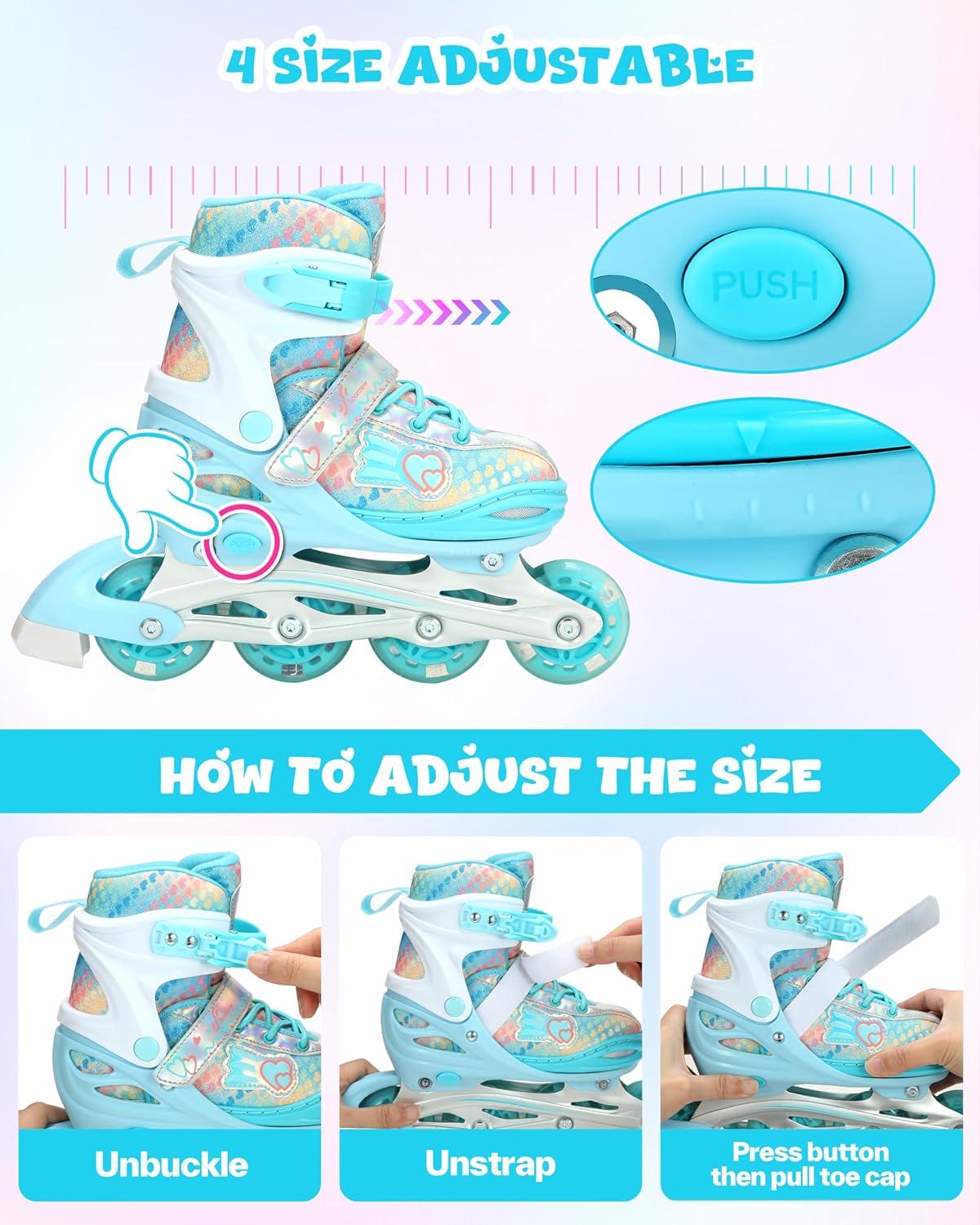 image:imageSportneer 4 Size Adjustable Inline Skates for Girls Kids Inline Skates Size 12C9 with Light Up Wheels Roller Blade with Protective Gear Set for Kids Girls Women Beginners Indoor amp Outdoor UseBlue