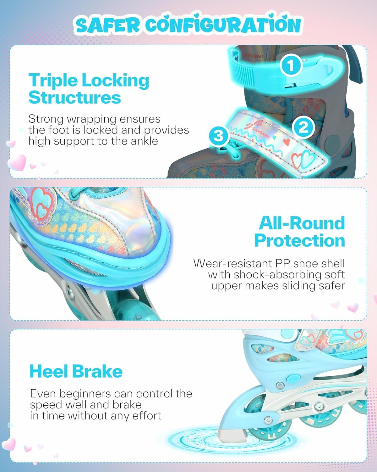 image:imageSportneer 4 Size Adjustable Inline Skates for Girls Kids Inline Skates Size 12C9 with Light Up Wheels Roller Blade with Protective Gear Set for Kids Girls Women Beginners Indoor amp Outdoor UseBlue