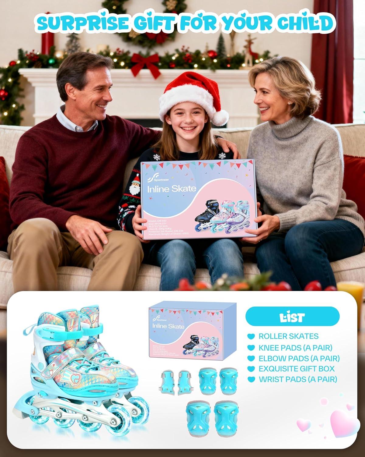 image:imageSportneer 4 Size Adjustable Inline Skates for Girls Kids Inline Skates Size 12C9 with Light Up Wheels Roller Blade with Protective Gear Set for Kids Girls Women Beginners Indoor amp Outdoor UseBlue