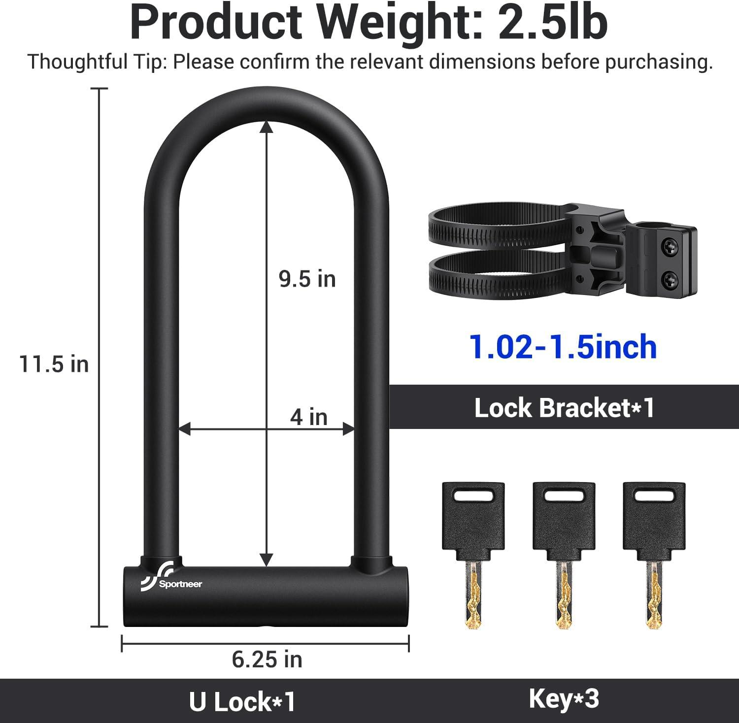 image:imageSportneer Bike Lock Heavy Duty Bike U Lock with 6ft Security Steel Cable 18mm Shackle Bicycle ULocks with Keys and Sturdy Mounting Bracket for Road Mountain Bike Bicycle Size 115x625Black