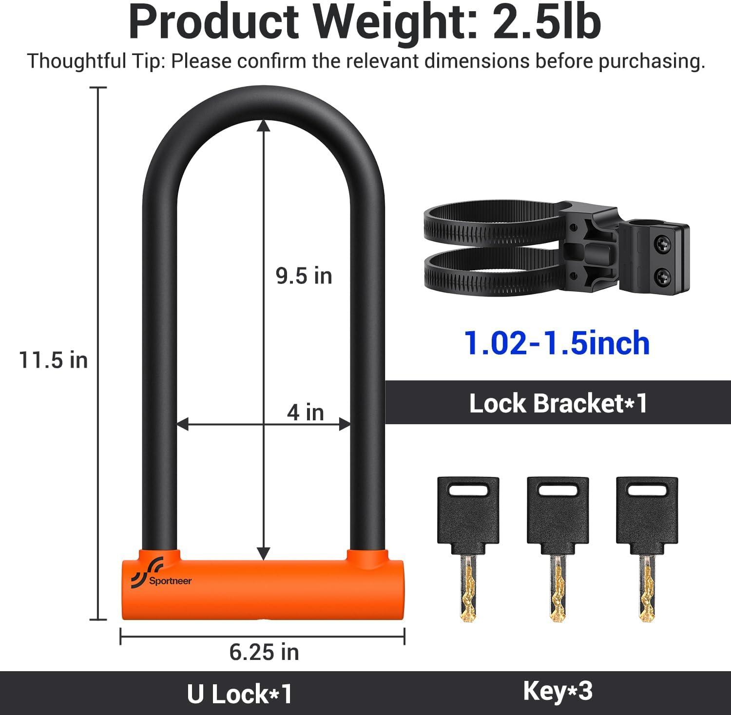 image:imageSportneer Bike Lock Heavy Duty Bike U Lock with 6ft Security Steel Cable 18mm Shackle Bicycle ULocks with Keys and Sturdy Mounting Bracket for Road Mountain Bike Bicycle Size 115x625BlackOrange