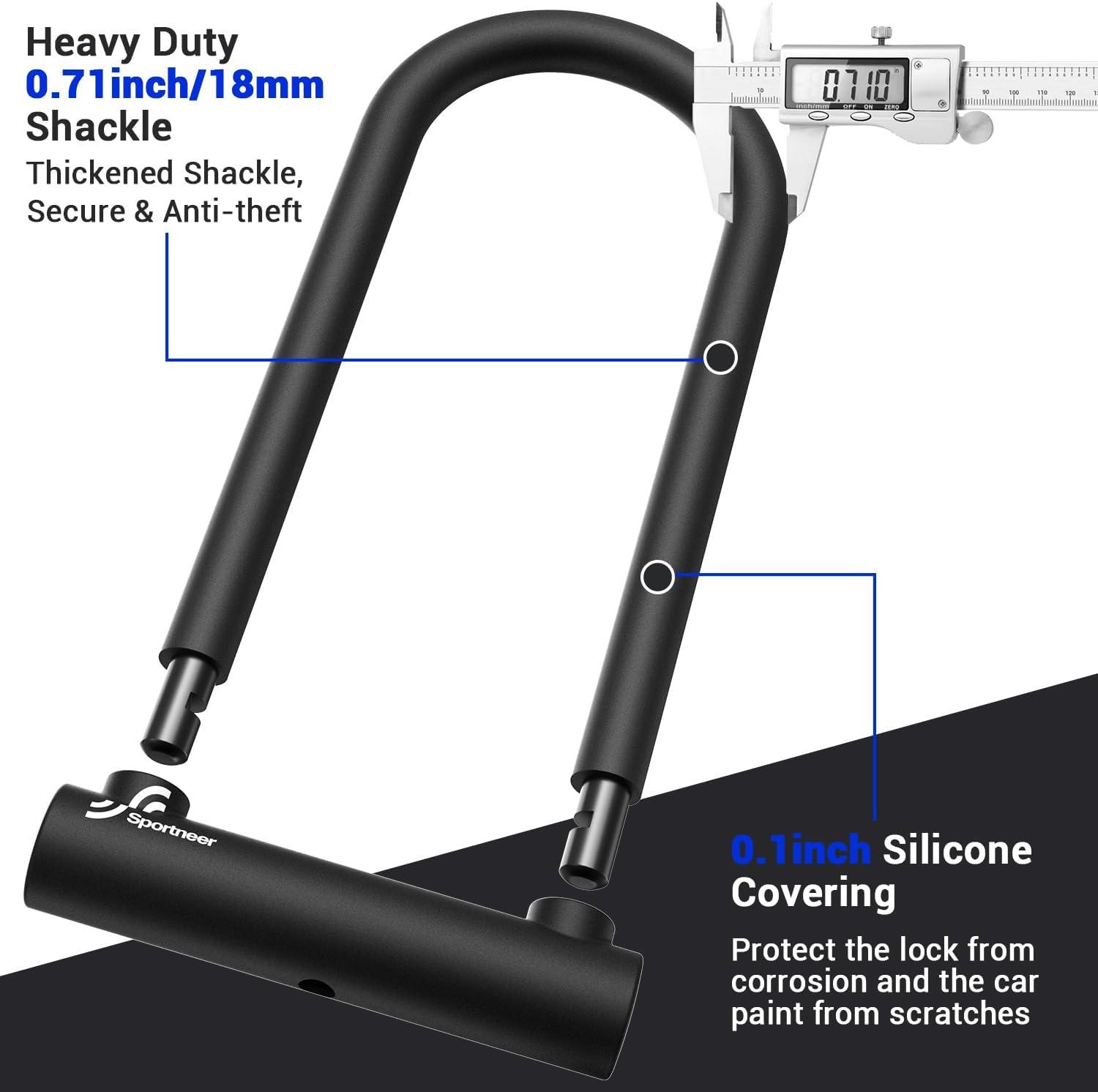 image:imageSportneer Bike Lock Heavy Duty Bike U Lock with 6ft Security Steel Cable 18mm Shackle Bicycle ULocks with Keys and Sturdy Mounting Bracket for Road Mountain Bike Bicycle Size 115x625Black