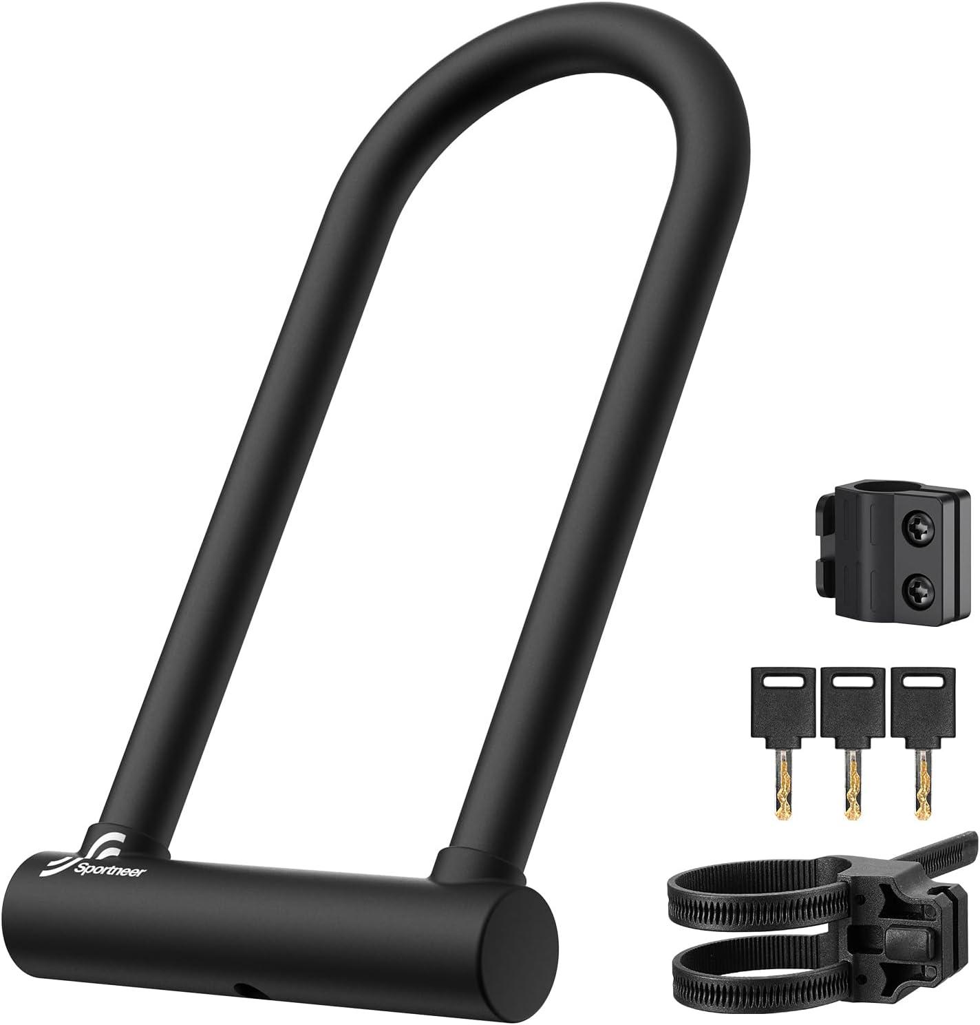 image:imageSportneer Bike Lock Heavy Duty Bike U Lock with 6ft Security Steel Cable 18mm Shackle Bicycle ULocks with Keys and Sturdy Mounting Bracket for Road Mountain Bike Bicycle Size 115x625Black