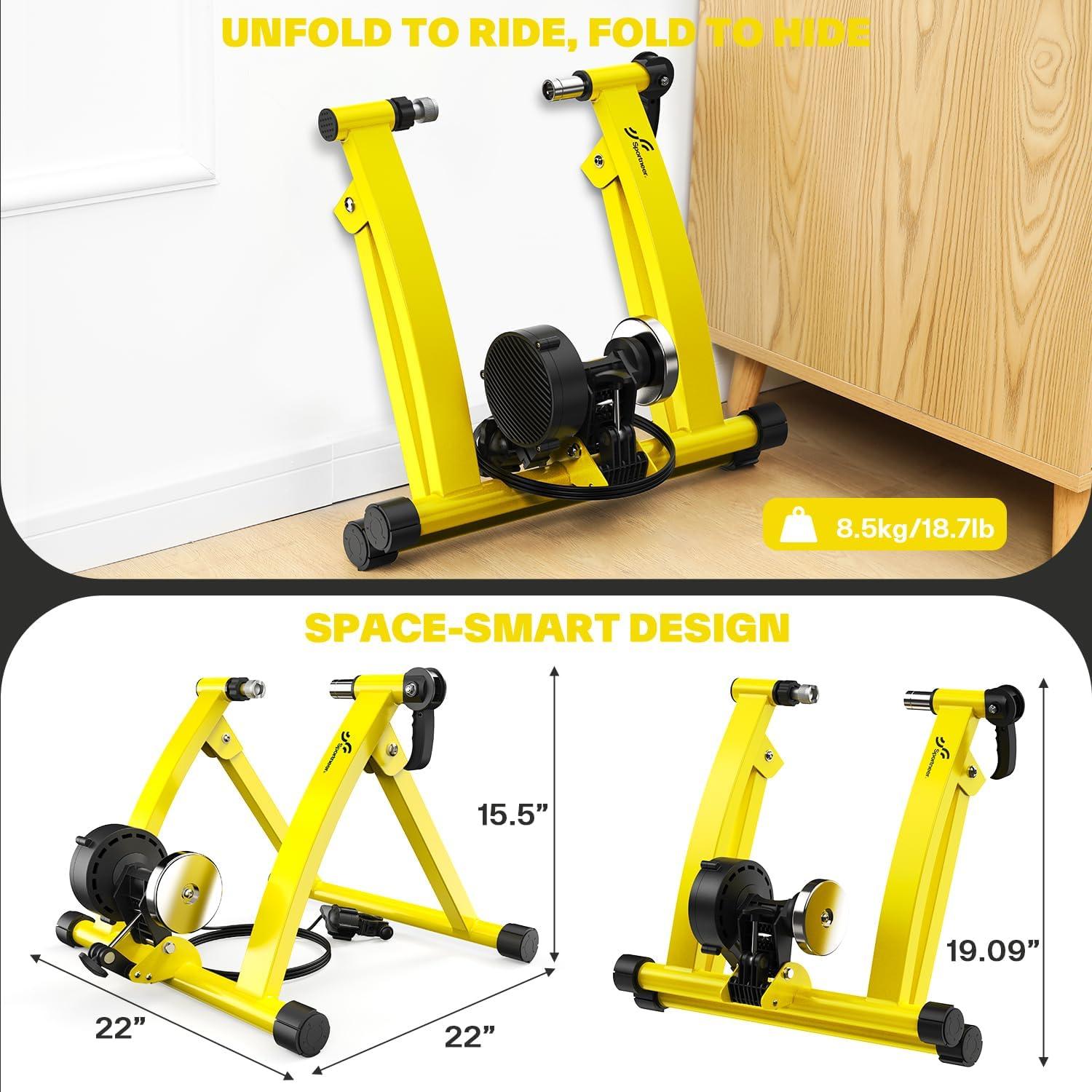 image:imageSportneer Bike Trainer Magnetic Stationary Bike Stand for 2628 amp 700C Wheels Adjustable 6 Level Resistance Bike Trainer Stand for Indoor Riding with Quick Release Lever amp Front Wheel Riser BlockYellow