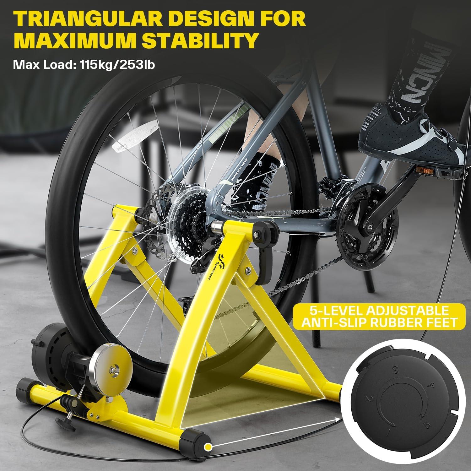 image:imageSportneer Bike Trainer Magnetic Stationary Bike Stand for 2628 amp 700C Wheels Adjustable 6 Level Resistance Bike Trainer Stand for Indoor Riding with Quick Release Lever amp Front Wheel Riser BlockYellow
