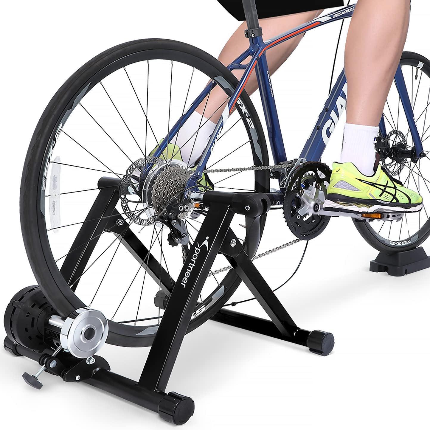 image:imageSportneer Bike Trainer Magnetic Stationary Stand for 2628 amp 700C Wheels 8 Level Resistance Portable Stainless Steel Indoor Trainer with Quick Release Lever amp Front Wheel Riser Block