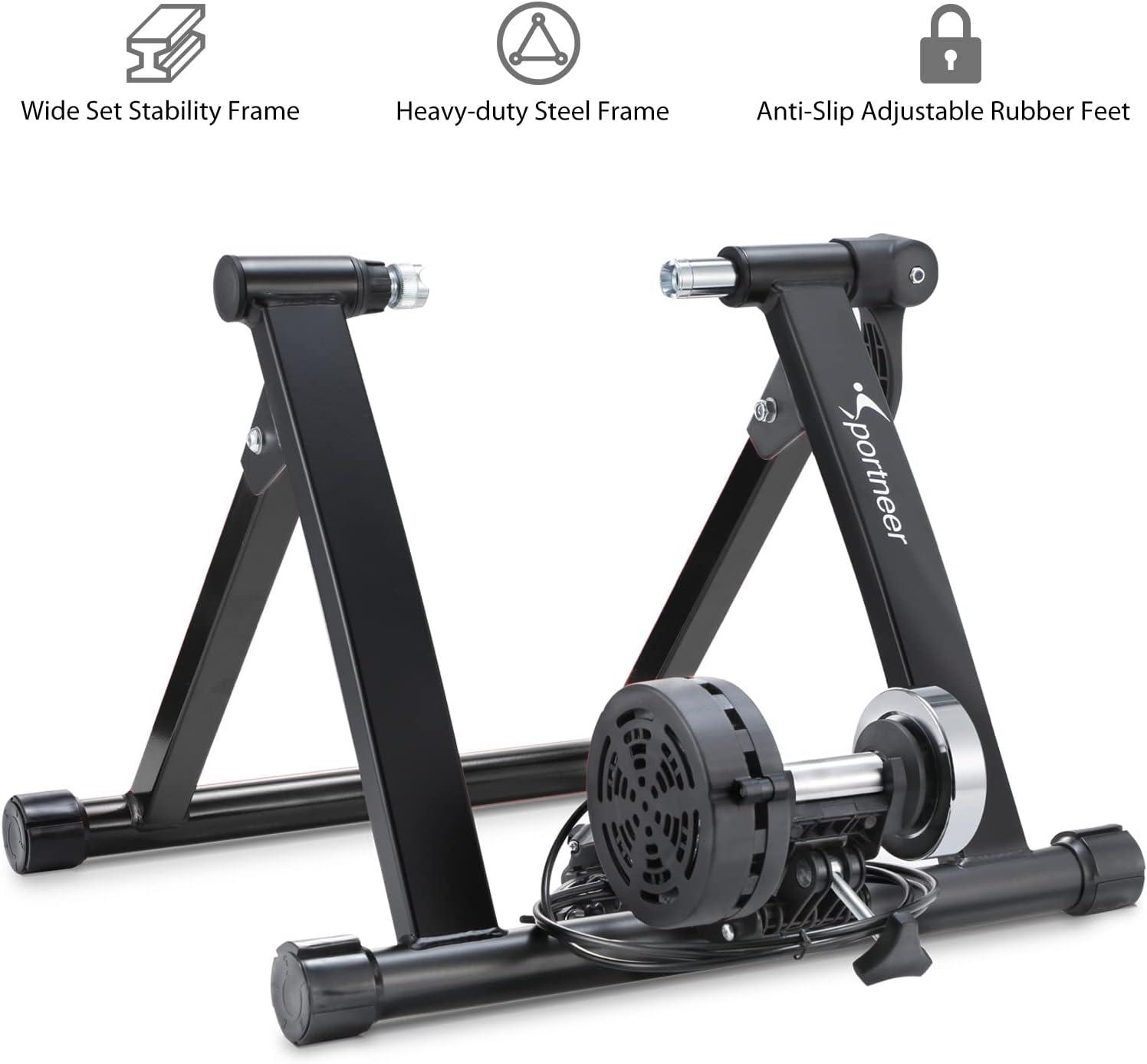 image:imageSportneer Bike Trainer Magnetic Stationary Stand for 2628 amp 700C Wheels 8 Level Resistance Portable Stainless Steel Indoor Trainer with Quick Release Lever amp Front Wheel Riser Block