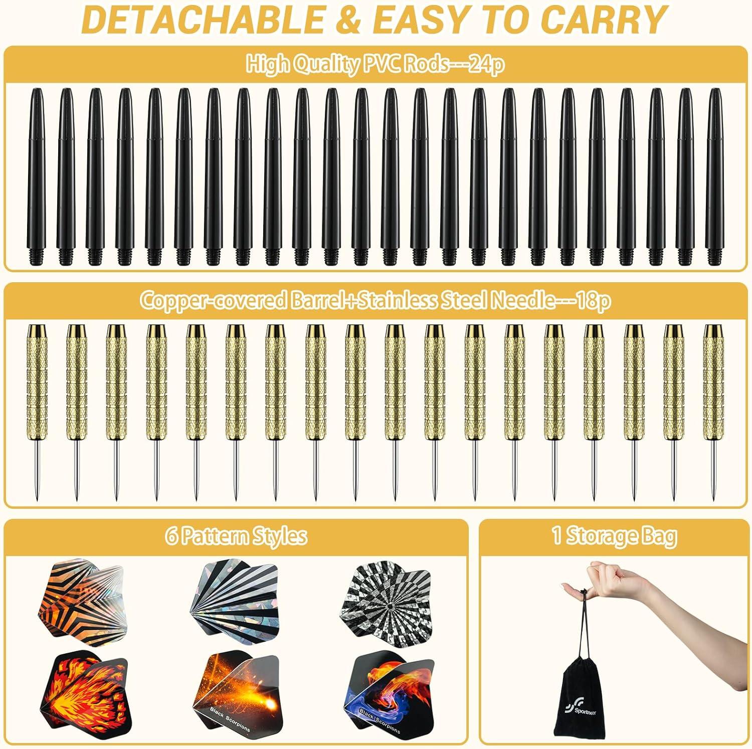 image:imageSportneer Darts Metal Tip Dart Set Steel Tip Darts Set Professional Darts Brass Barrels Metal Tip Darts Extra Flights Premium Darts 18 Pcs for Dartboard with 6 Free PVC Dart Rods and Carrying Bag