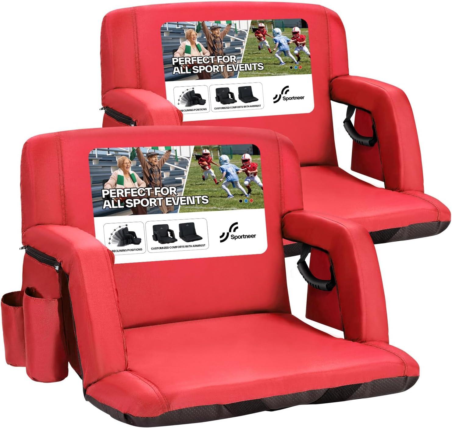 image:imageSportneer Stadium Seats with Back Support 25 Thick Comfy Cushion 6 Adjustable Angle Bleacher Seat with Armrest 2 Large Pockets 2 Cup Holders Stadium Chair for Sport Events Concerts ParksRed 2 Pack