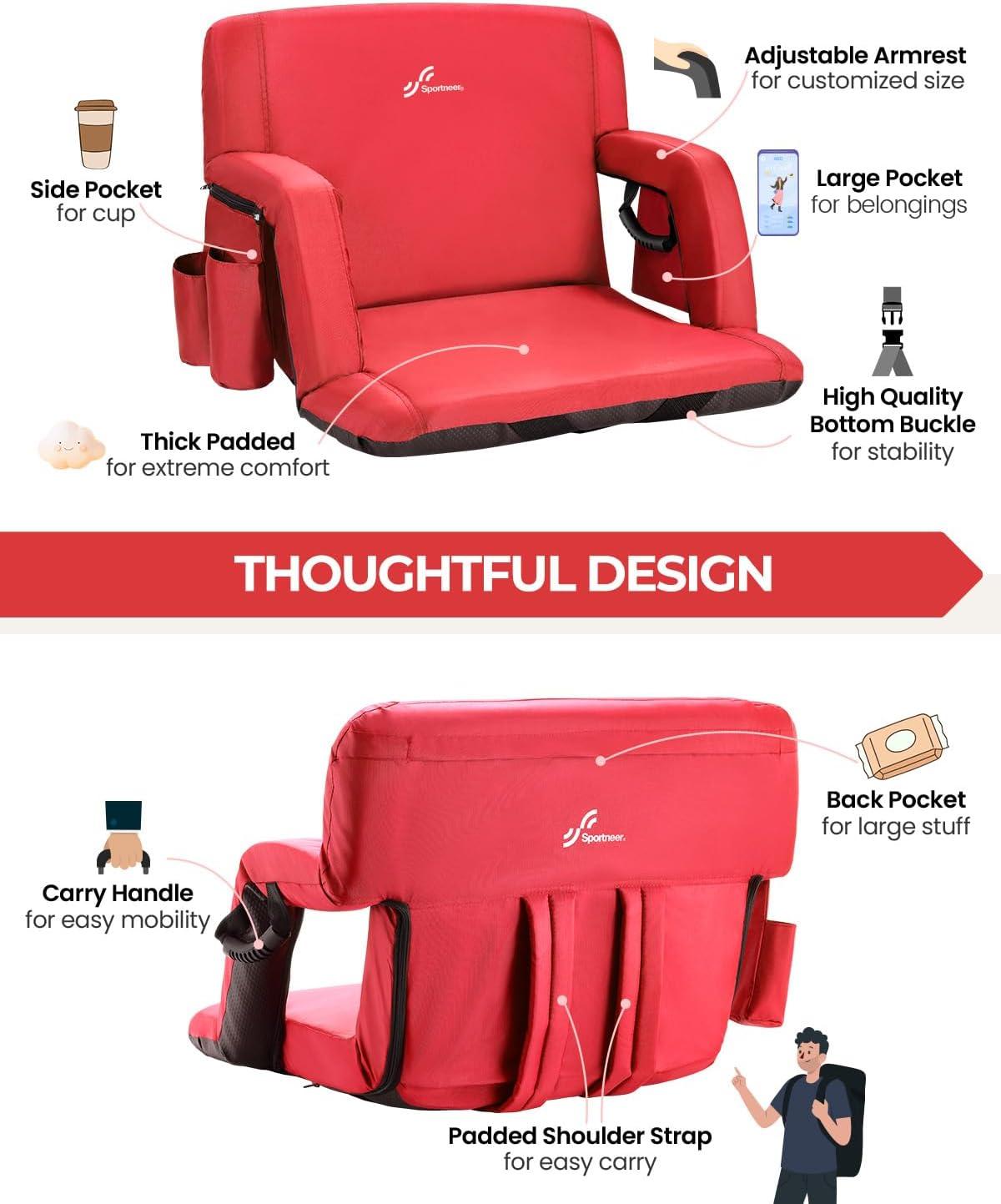 image:imageSportneer Stadium Seats with Back Support 25 Thick Comfy Cushion 6 Adjustable Angle Bleacher Seat with Armrest 2 Large Pockets 2 Cup Holders Stadium Chair for Sport Events Concerts ParksRed