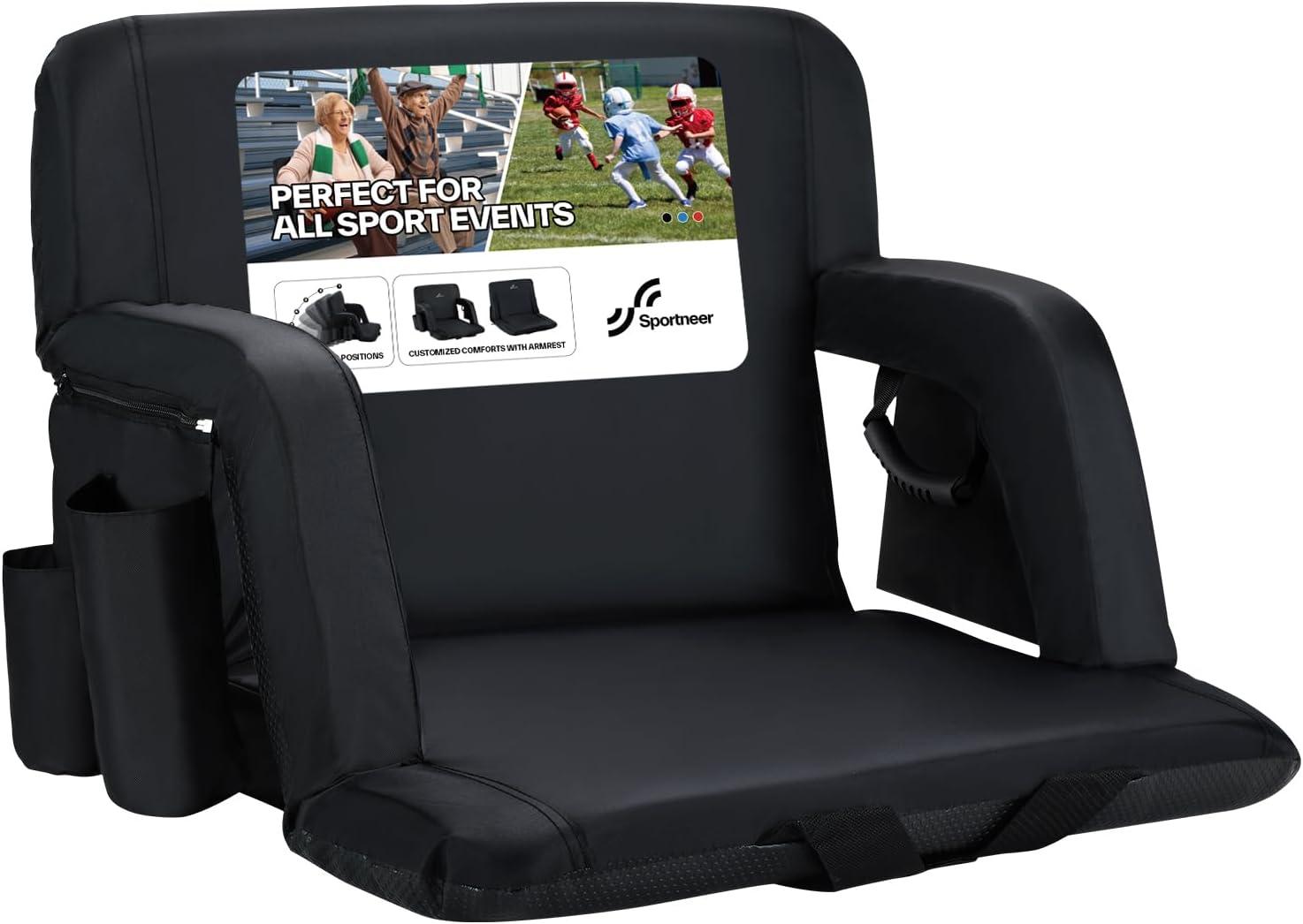 image:imageSportneer Stadium Seats with Back Support 25 Thick Comfy Cushion 6 Adjustable Angle Bleacher Seat with Armrest 2 Large Pockets 2 Cup Holders Stadium Chair for Sport Events Concerts ParksBlack