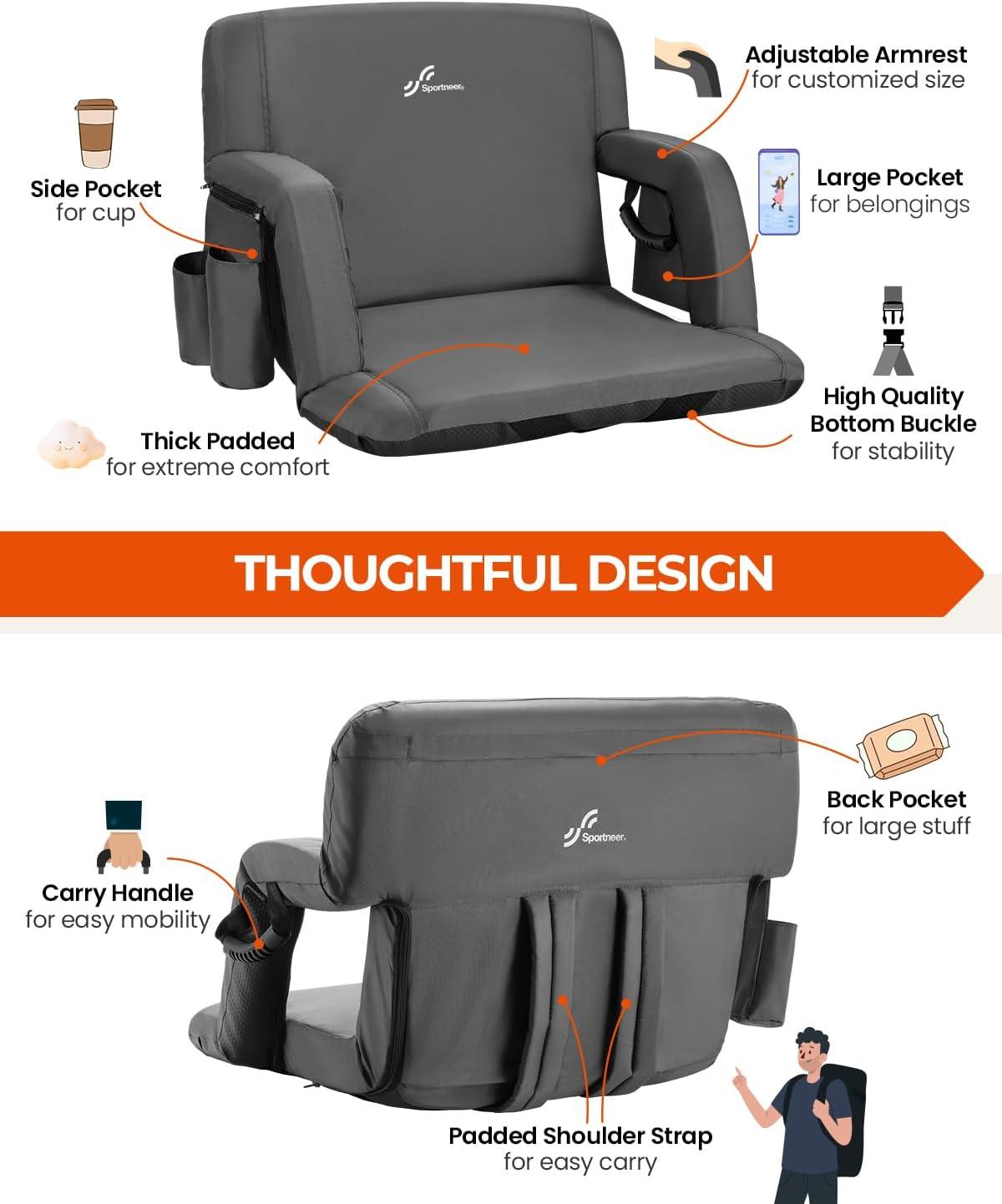 image:imageSportneer Stadium Seats with Back Support 25 Thick Comfy Cushion 6 Adjustable Angle Bleacher Seat with Armrest 2 Large Pockets 2 Cup Holders Stadium Chair for Sport Events Concerts ParksGrey