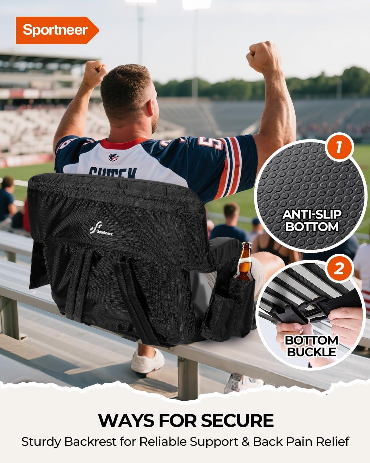 image:imageSportneer Stadium Seats with Back Support 25 Thick Comfy Cushion 6 Adjustable Angle Bleacher Seat with Armrest 2 Large Pockets 2 Cup Holders Stadium Chair for Sport Events Concerts ParksBlack