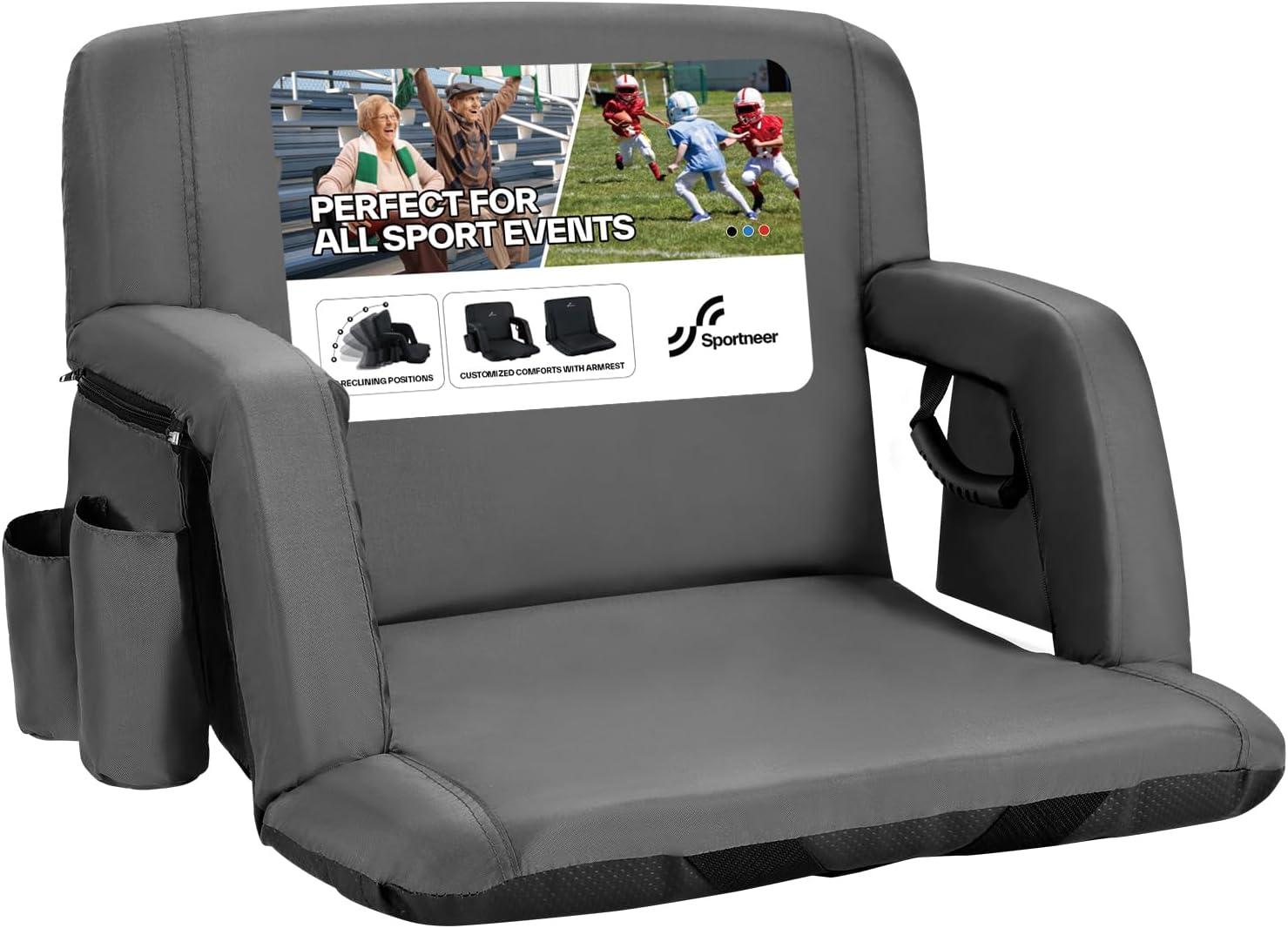 image:imageSportneer Stadium Seats with Back Support 25 Thick Comfy Cushion 6 Adjustable Angle Bleacher Seat with Armrest 2 Large Pockets 2 Cup Holders Stadium Chair for Sport Events Concerts ParksGrey