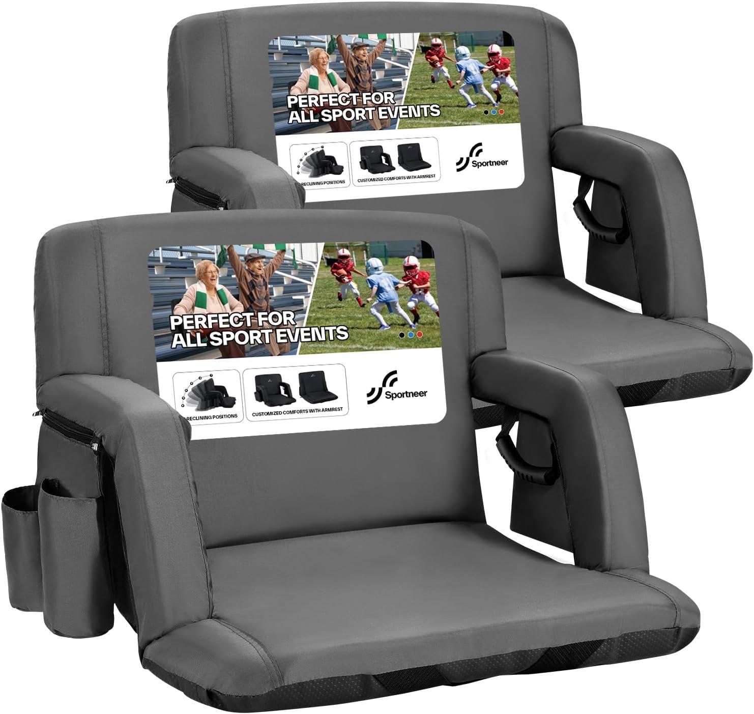 image:imageSportneer Stadium Seats with Back Support 25 Thick Comfy Cushion 6 Adjustable Angle Bleacher Seat with Armrest 2 Large Pockets 2 Cup Holders Stadium Chair for Sport Events Concerts ParksGrey 2 Pack