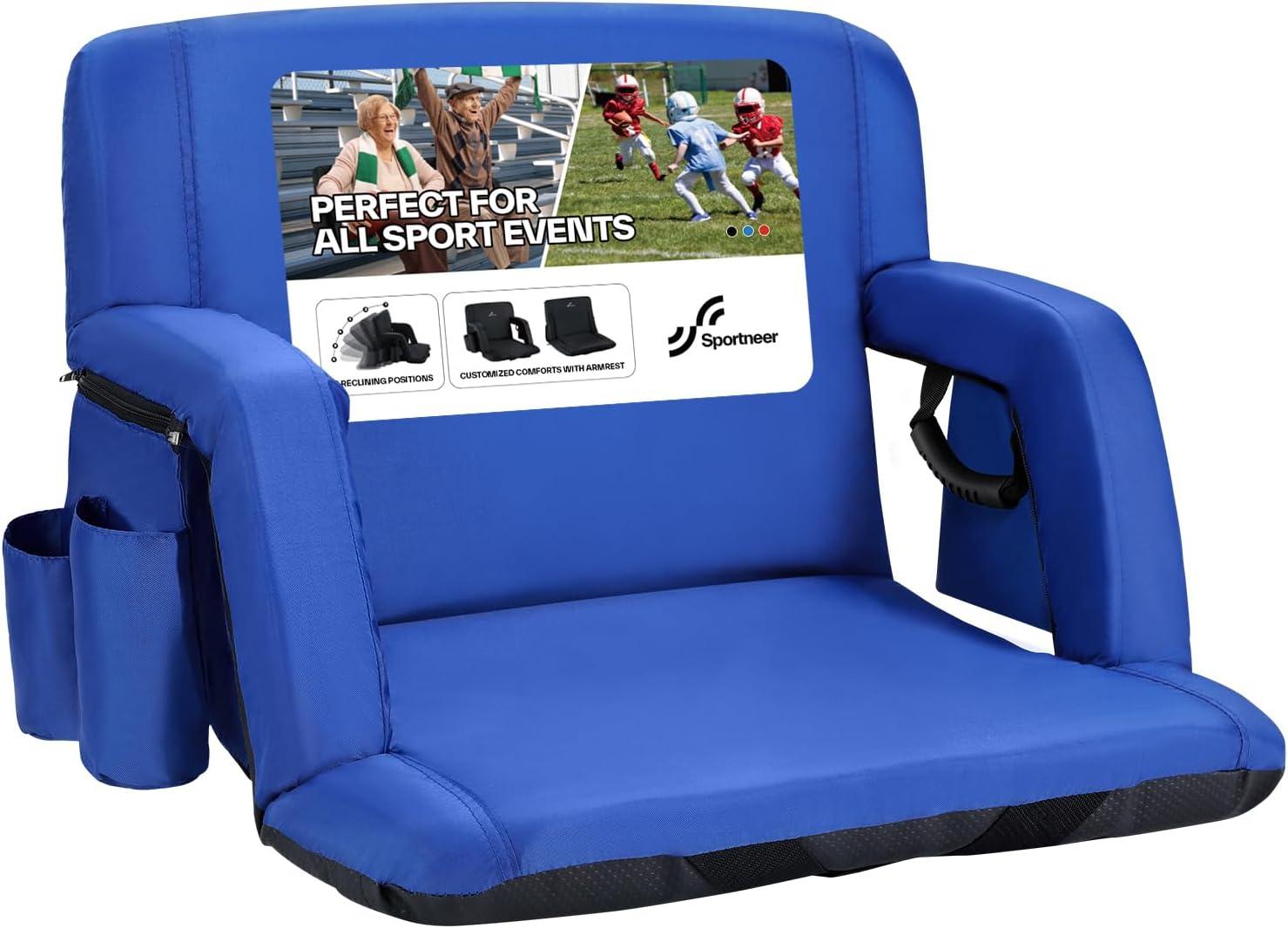 image:imageSportneer Stadium Seats with Back Support 25 Thick Comfy Cushion 6 Adjustable Angle Bleacher Seat with Armrest 2 Large Pockets 2 Cup Holders Stadium Chair for Sport Events Concerts ParksBlue